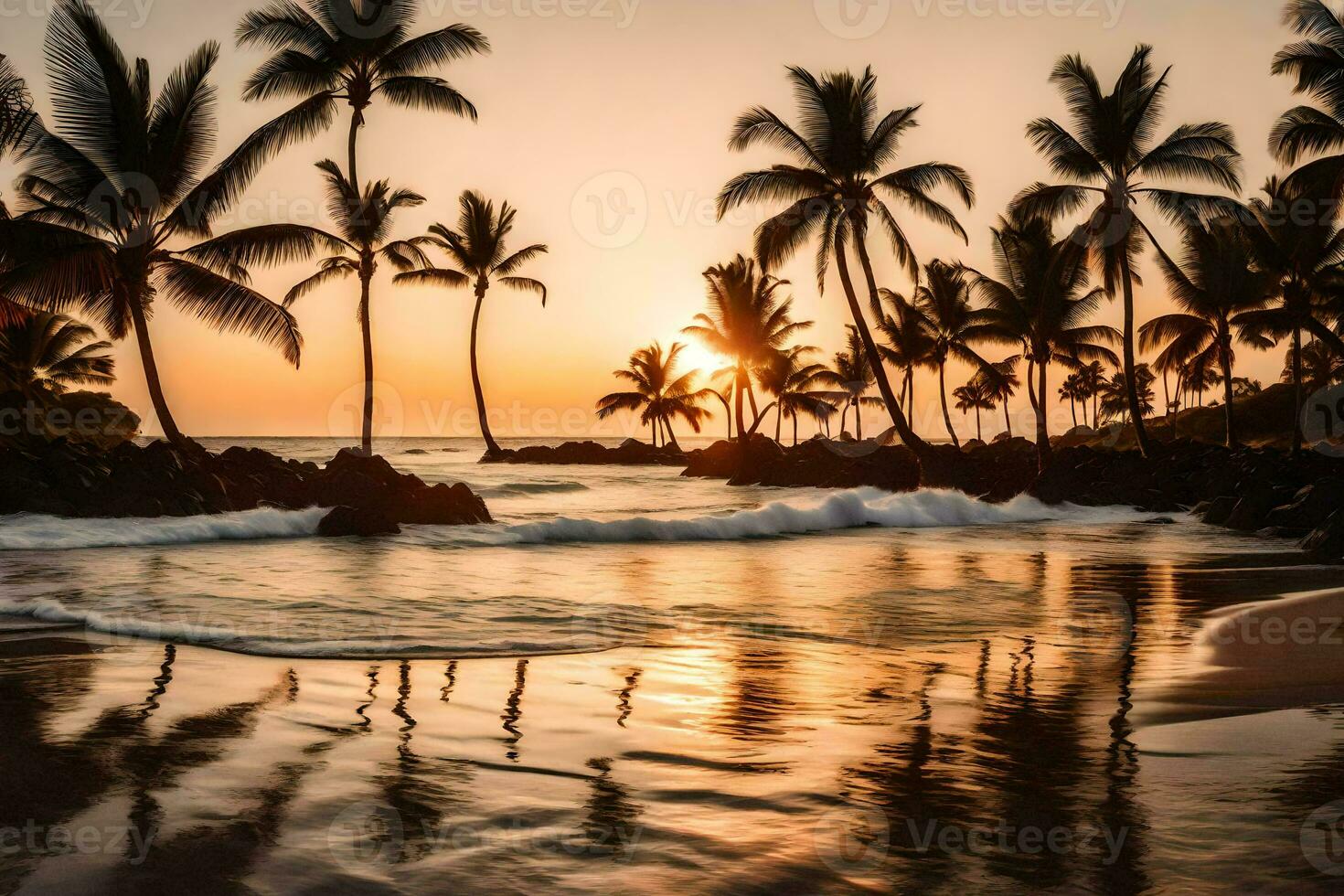 the sun sets over the ocean and palm trees on a beach. AI-Generated photo