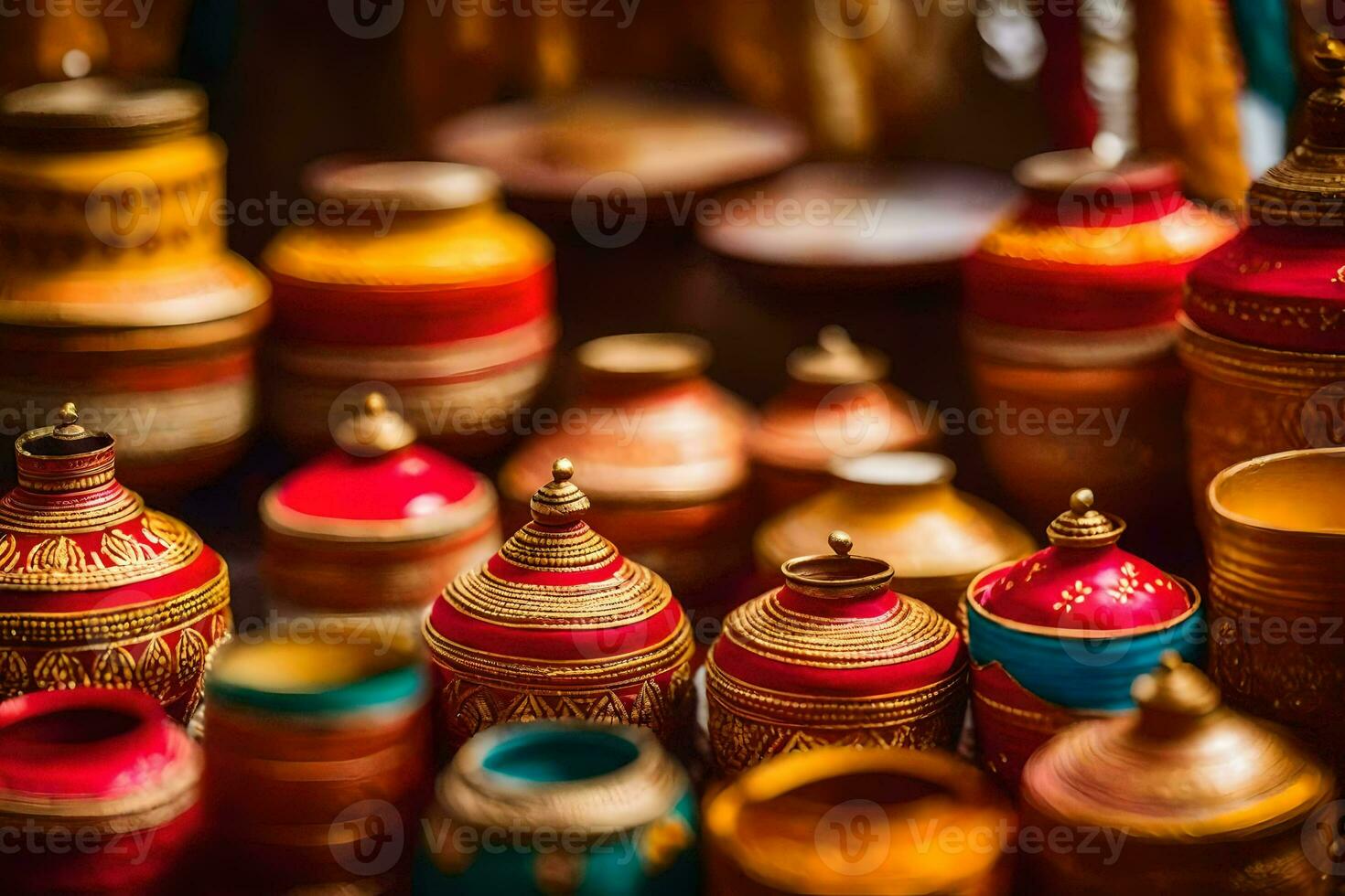 colorful pots and vases are displayed on a table. AI-Generated photo