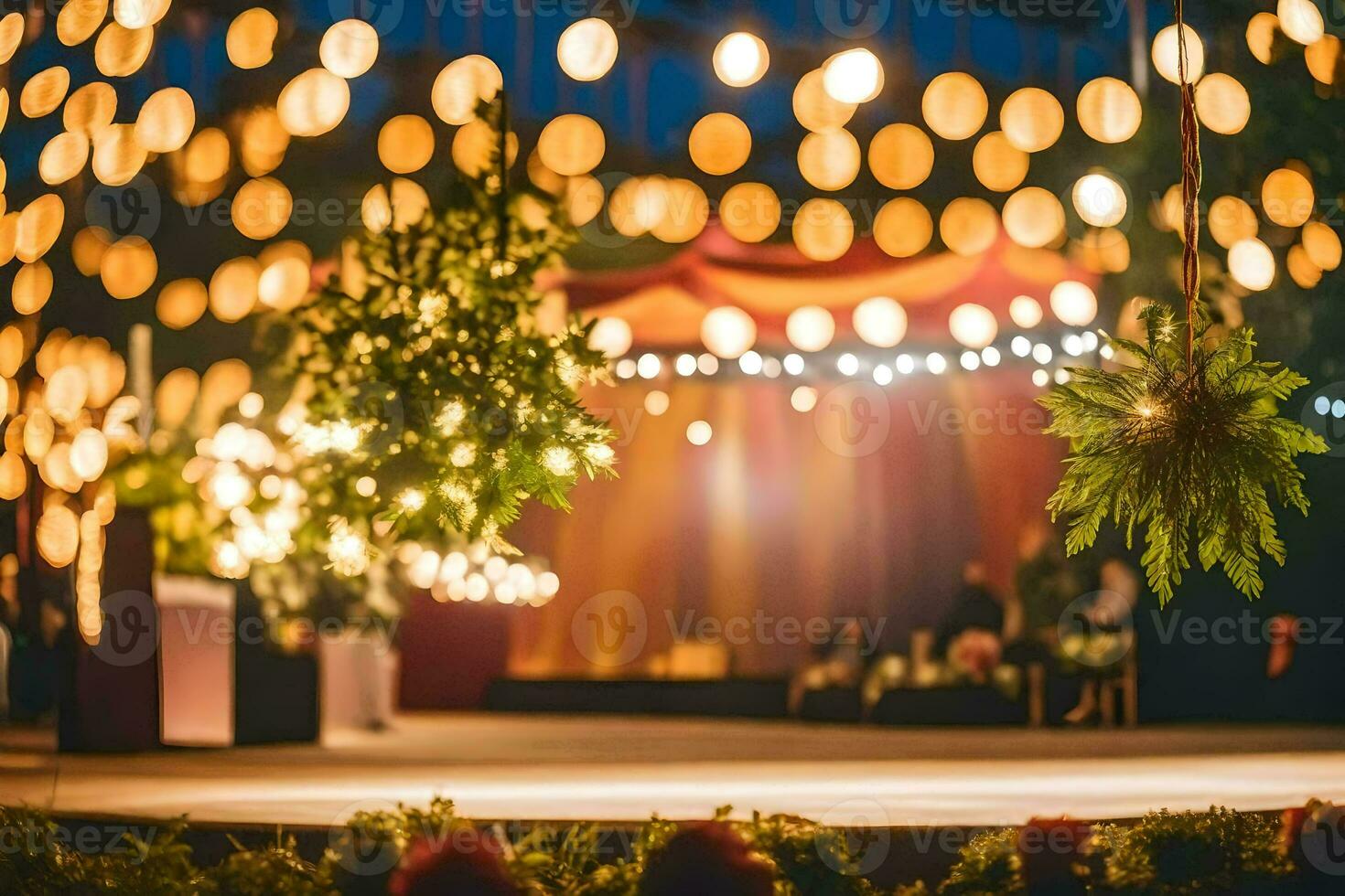 a stage with lights and decorations at night. AI-Generated photo