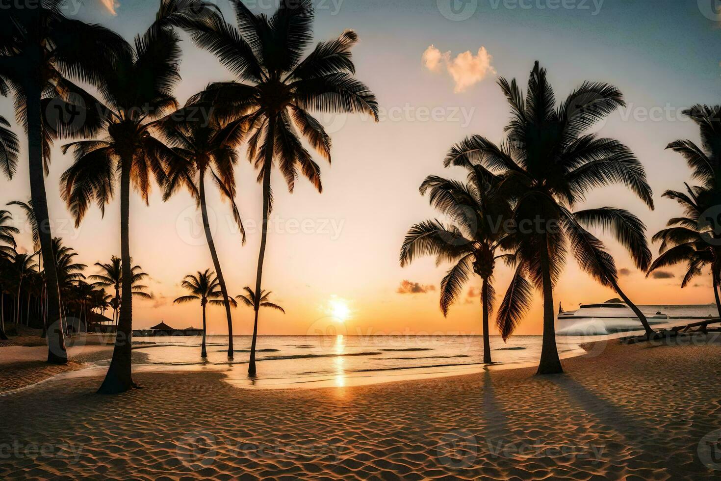 the sun sets over the beach and palm trees. AI-Generated photo