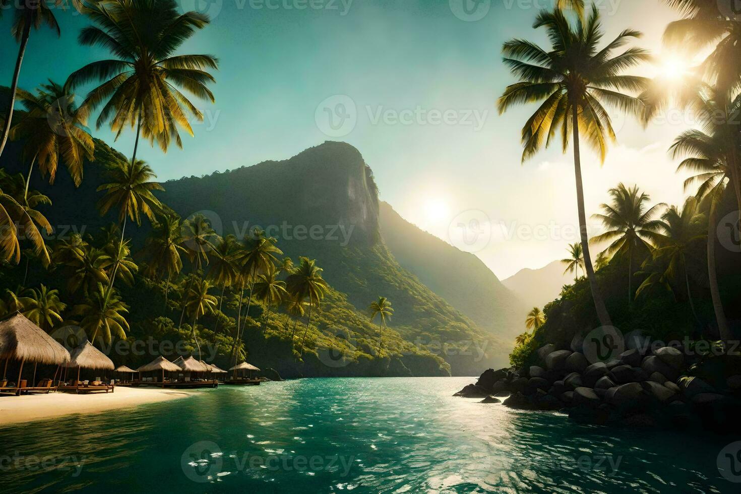 a tropical beach with palm trees and huts. AI-Generated photo