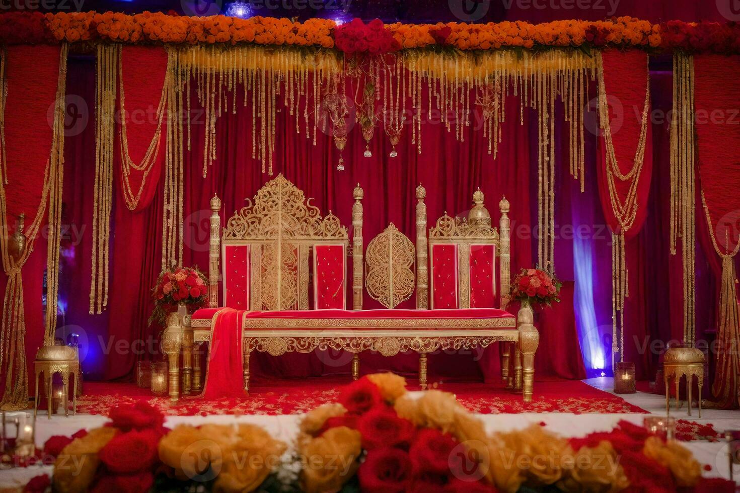 an indian wedding ceremony with red and gold decorations. AI-Generated photo
