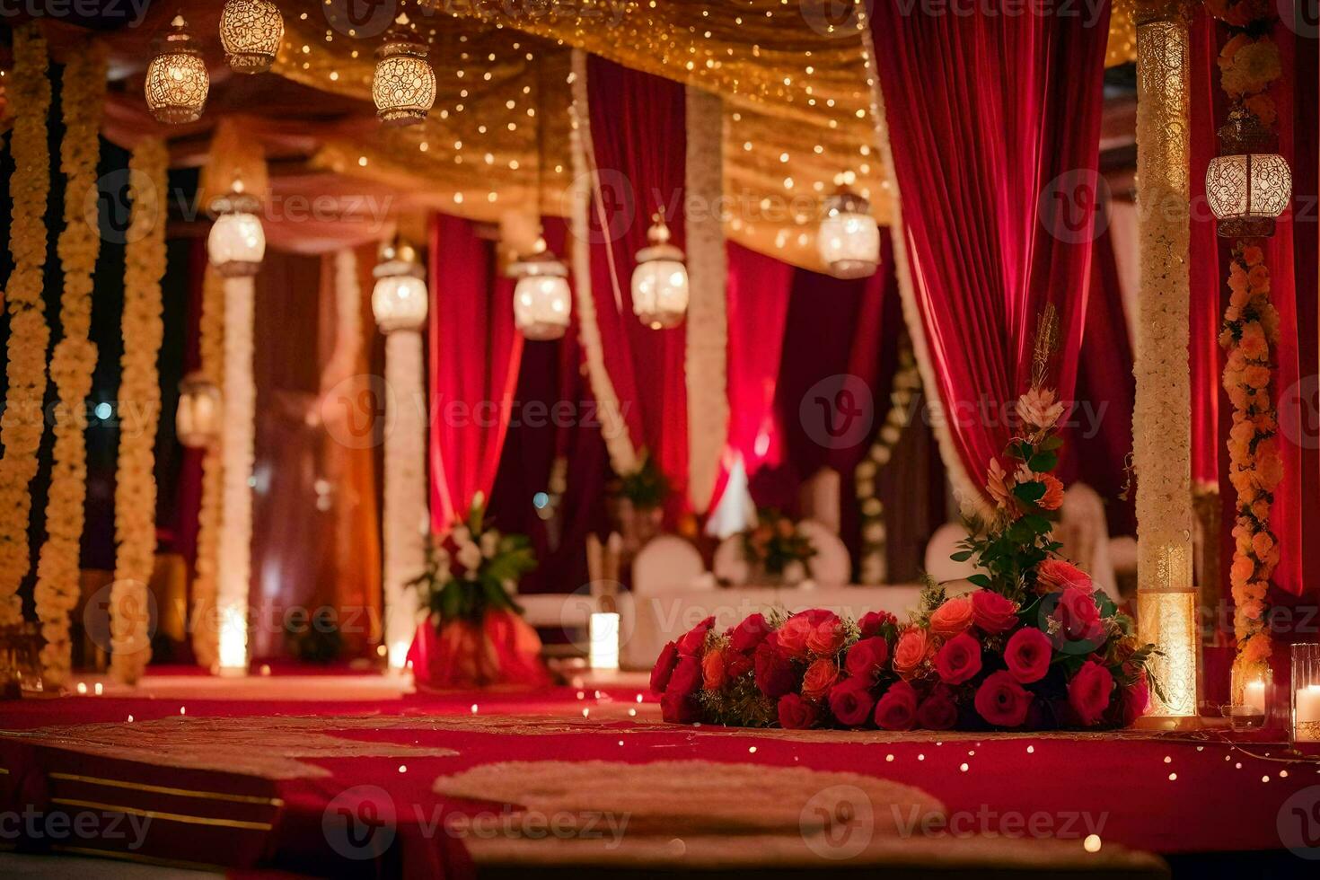 a red carpet and gold decorations are set up for a wedding. AI-Generated photo