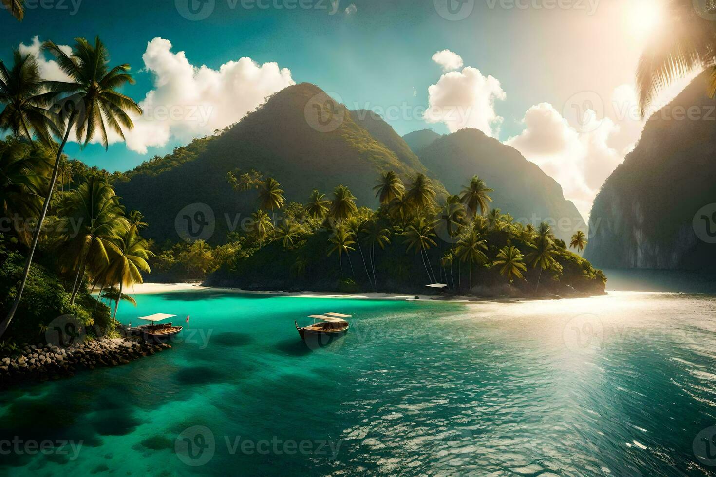 the sun shines on the water and palm trees in the background. AI-Generated photo