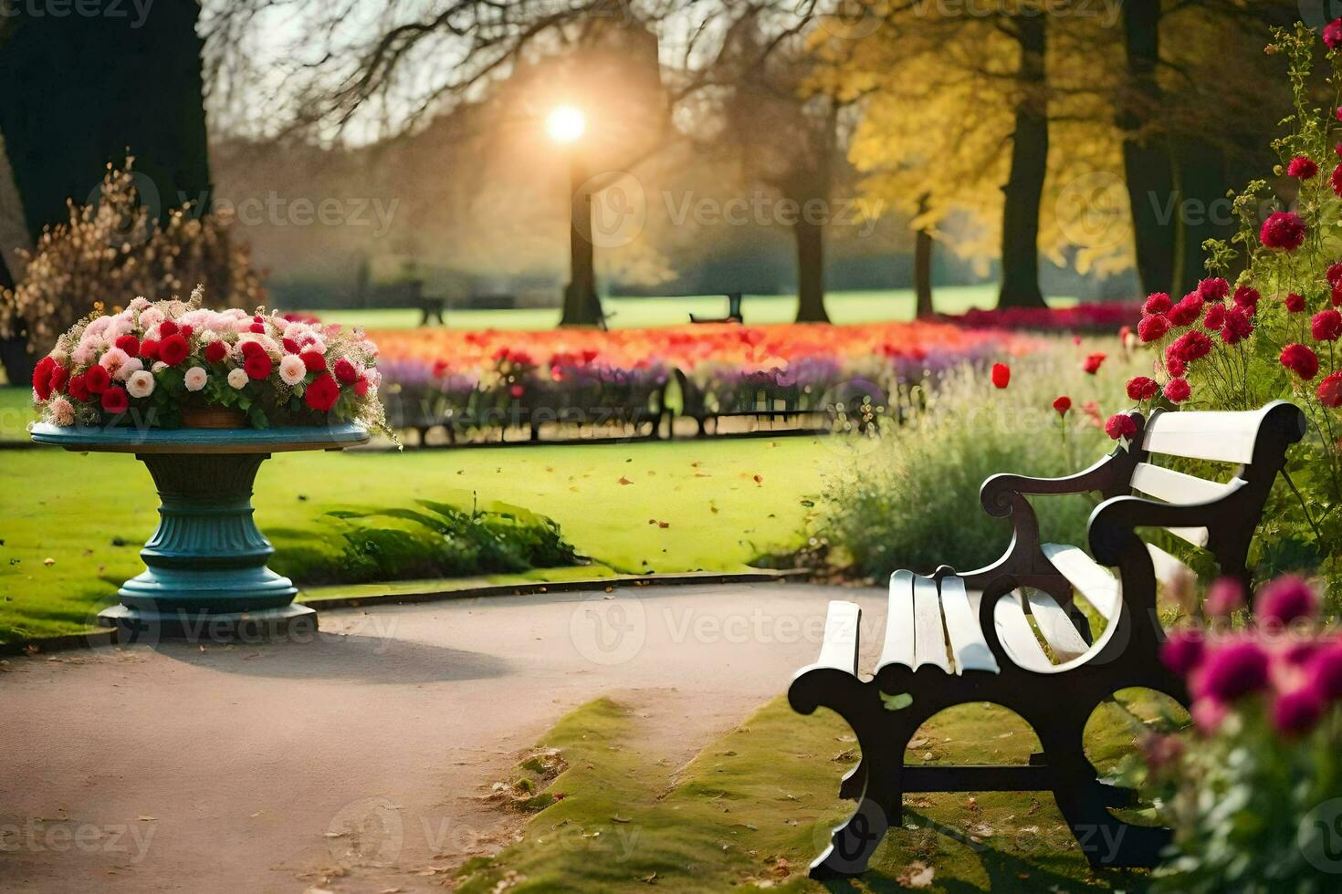a park bench is in the middle of a flower garden. AI-Generated photo