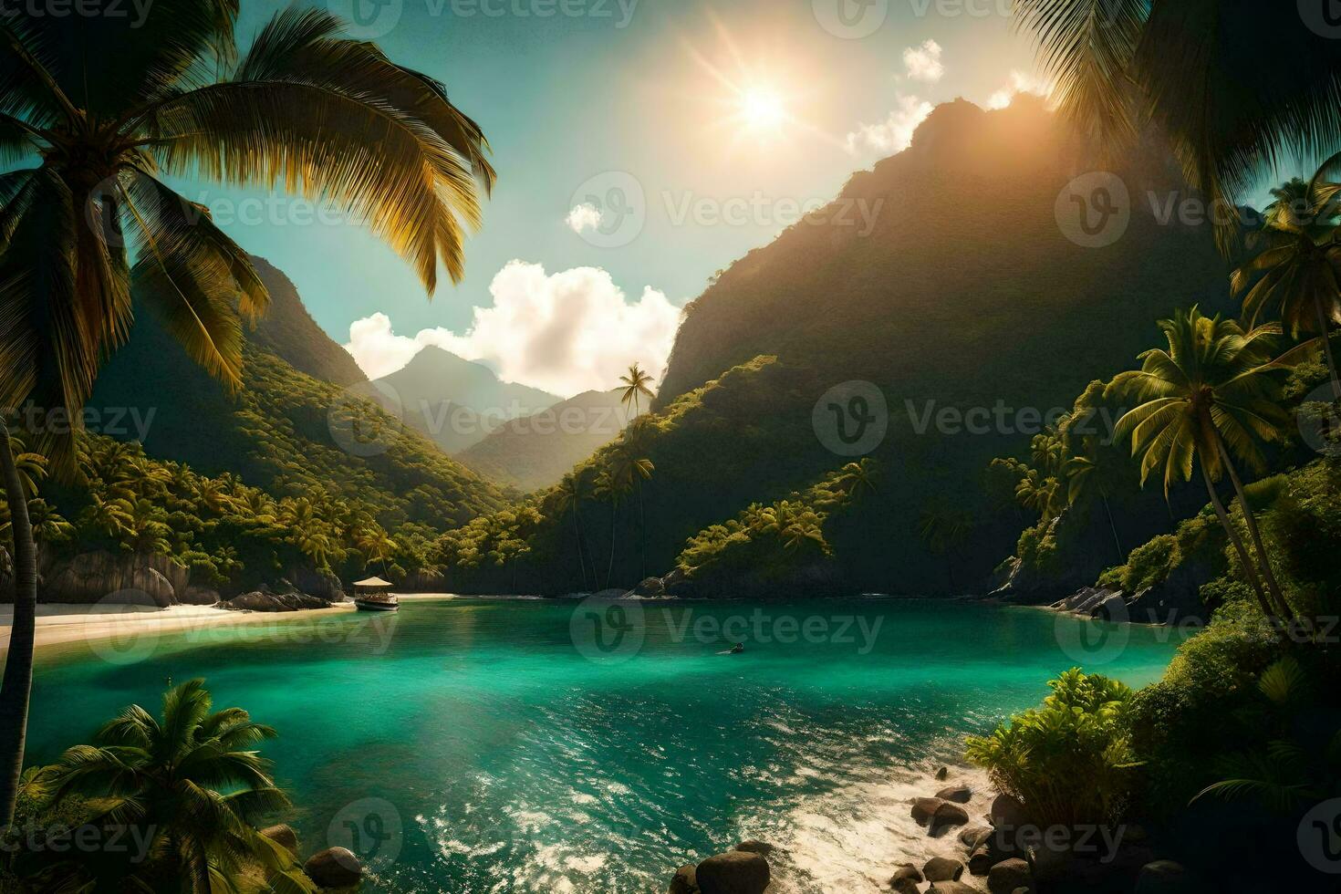 the sun shines over a tropical beach and mountains. AI-Generated photo