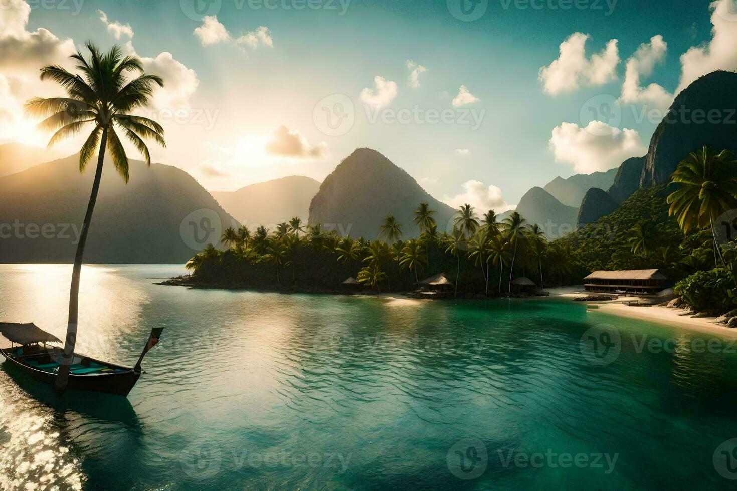 the sun sets on the beach and the boat is anchored in the water. AI-Generated photo