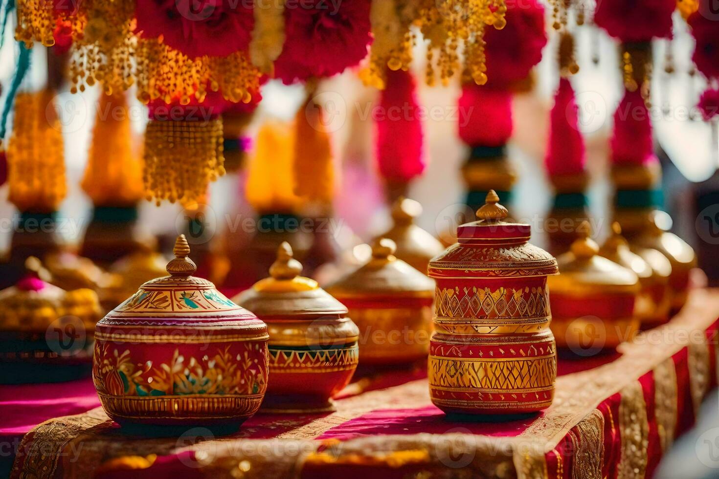 indian wedding decor with colorful pots and jars. AI-Generated photo
