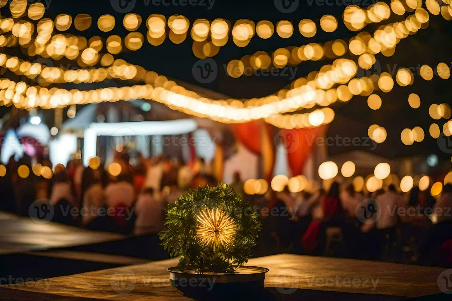 a small plant is sitting on a table in front of a crowd. AI-Generated photo