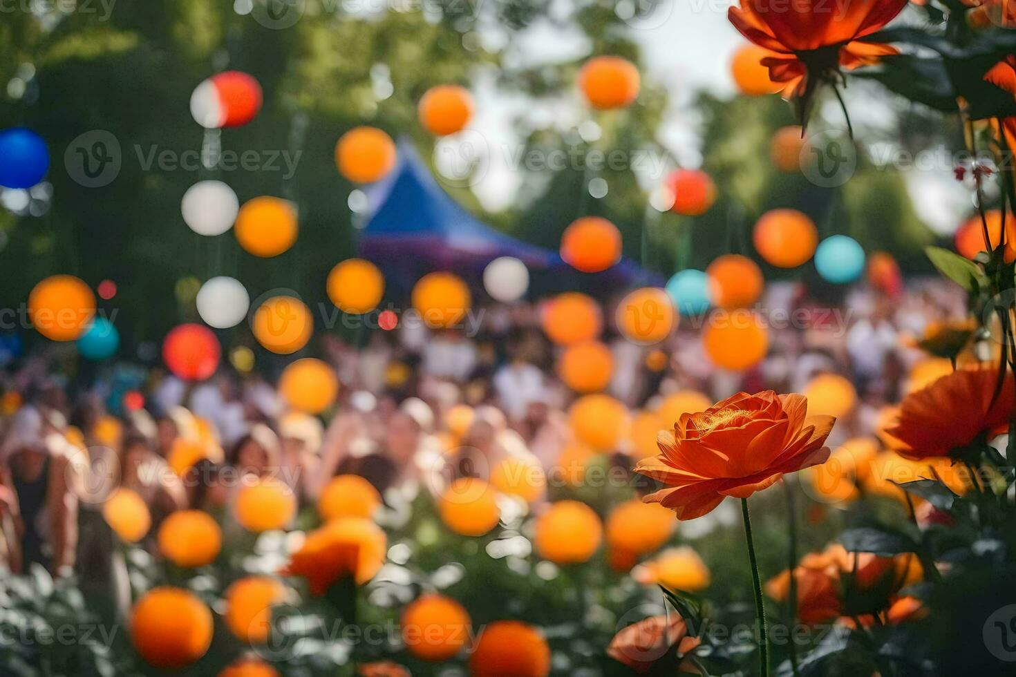 orange flowers in the foreground with balloons in the background. AI-Generated photo