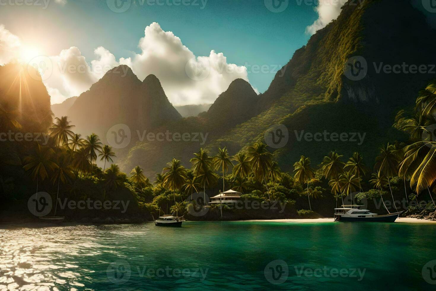 the sun shines over a tropical island with palm trees. AI-Generated photo