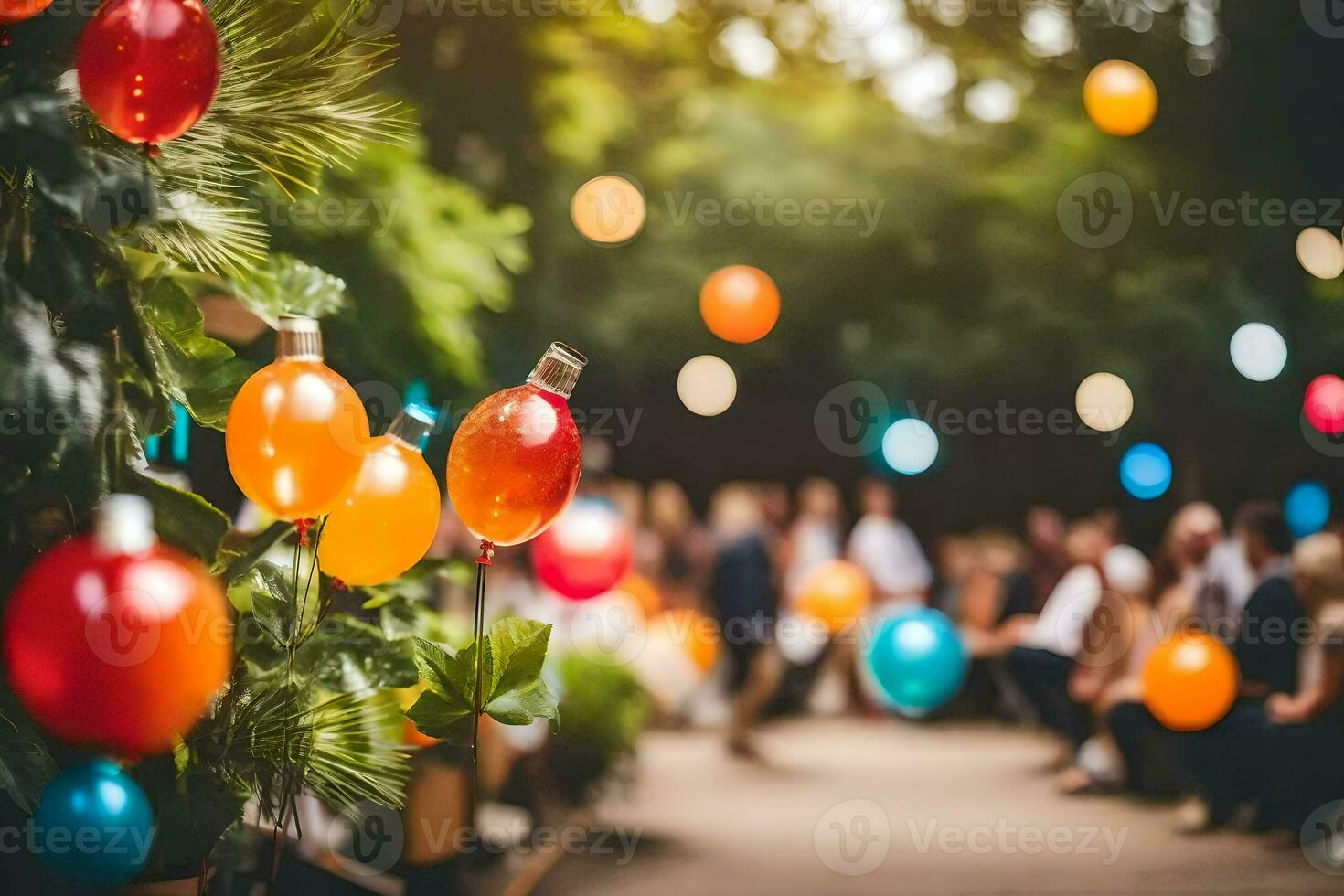 many colorful balloons are hanging from trees. AI-Generated photo