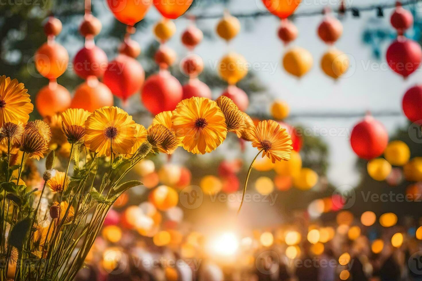 yellow flowers in front of colorful lanterns. AI-Generated photo