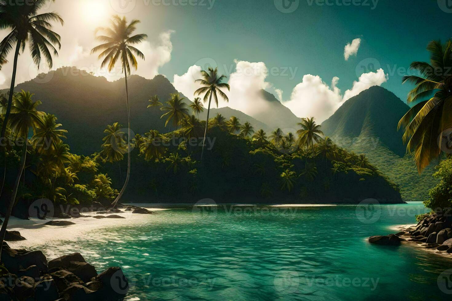 the sun shines over a tropical island with palm trees. AI-Generated photo