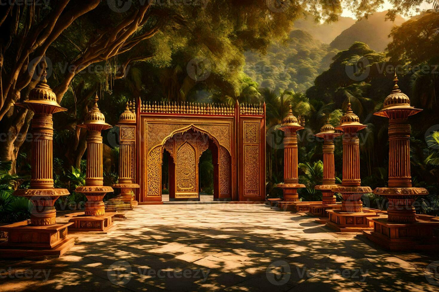 an oriental gate in the middle of a forest. AI-Generated photo