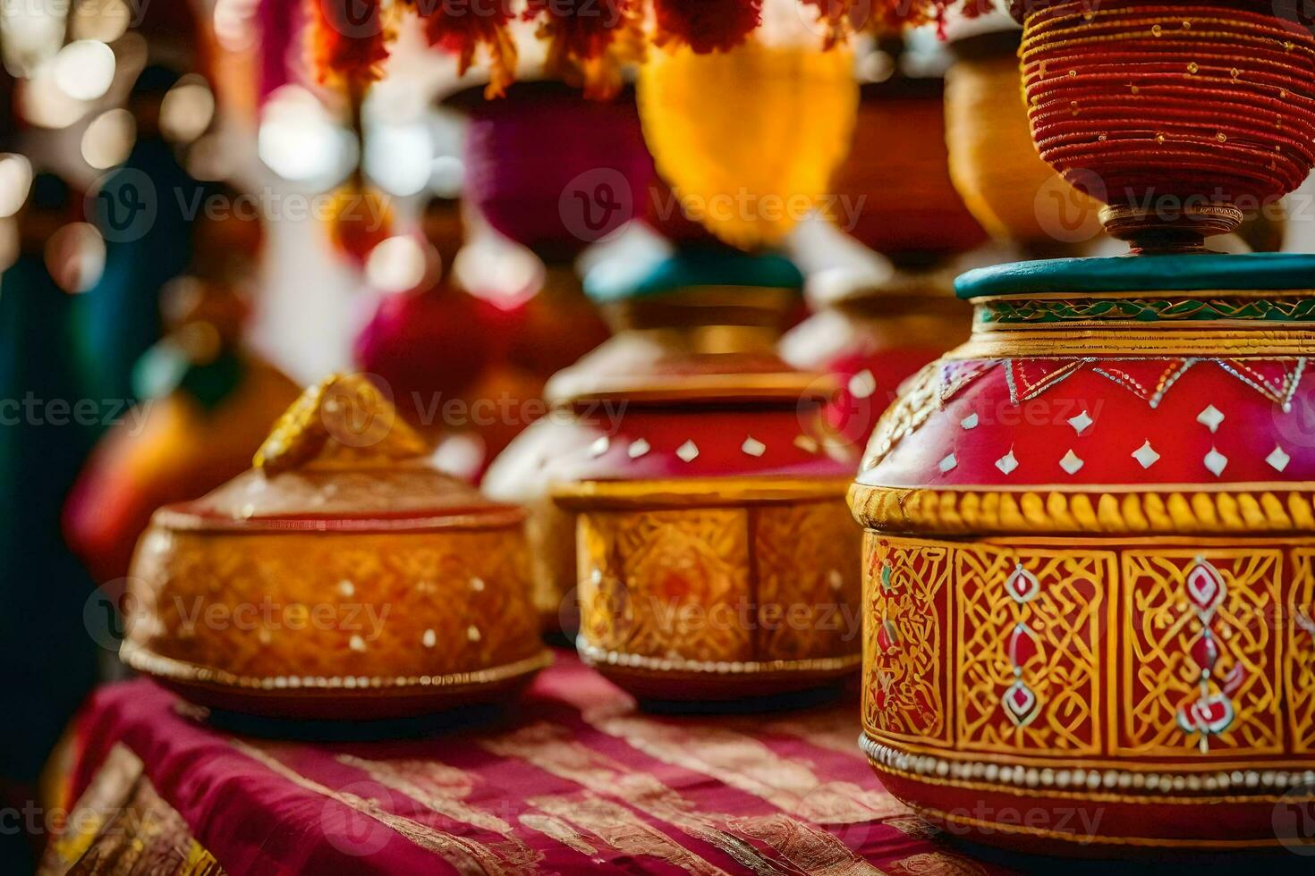 indian pottery on display at a market. AI-Generated photo