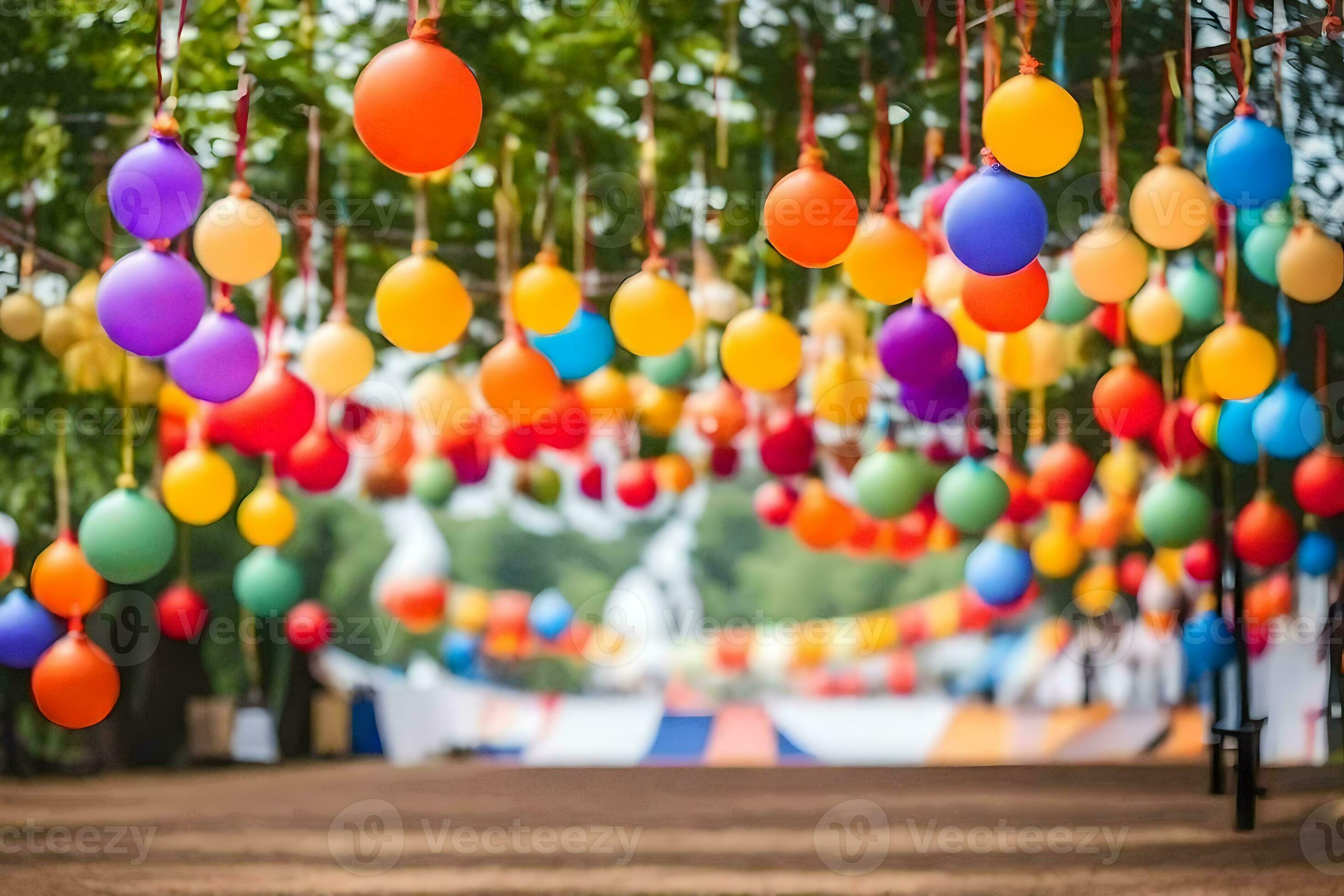 colorful balloons hanging from trees in a park. AI-Generated