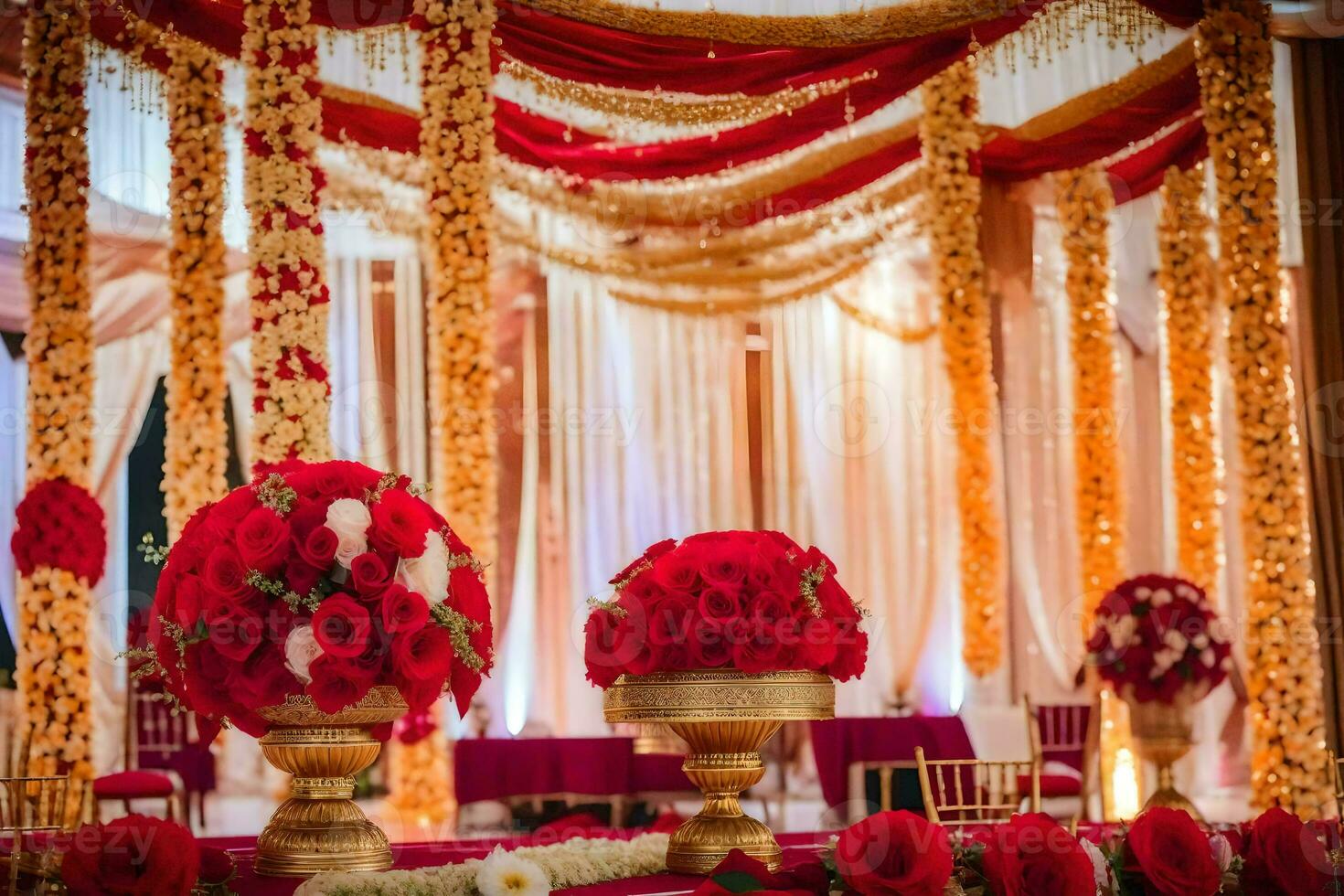 a wedding ceremony with red and gold decorations. AI-Generated photo