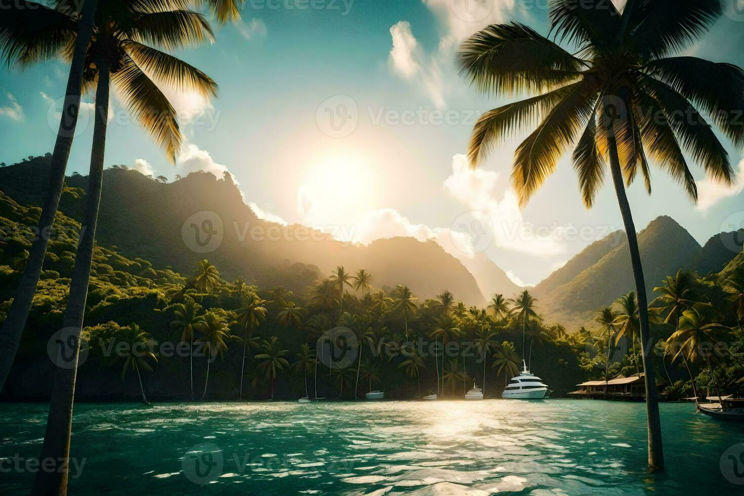 tropical island with palm trees and mountains. AI-Generated photo