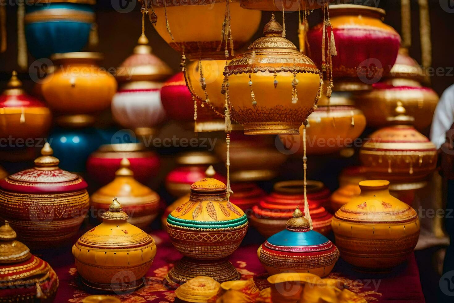 colorful lamps hanging from a ceiling in a room. AI-Generated photo