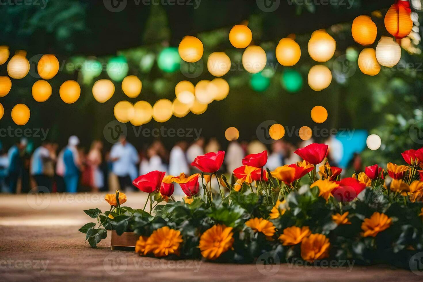 flores en un jardín con luces y gente. generado por ai foto