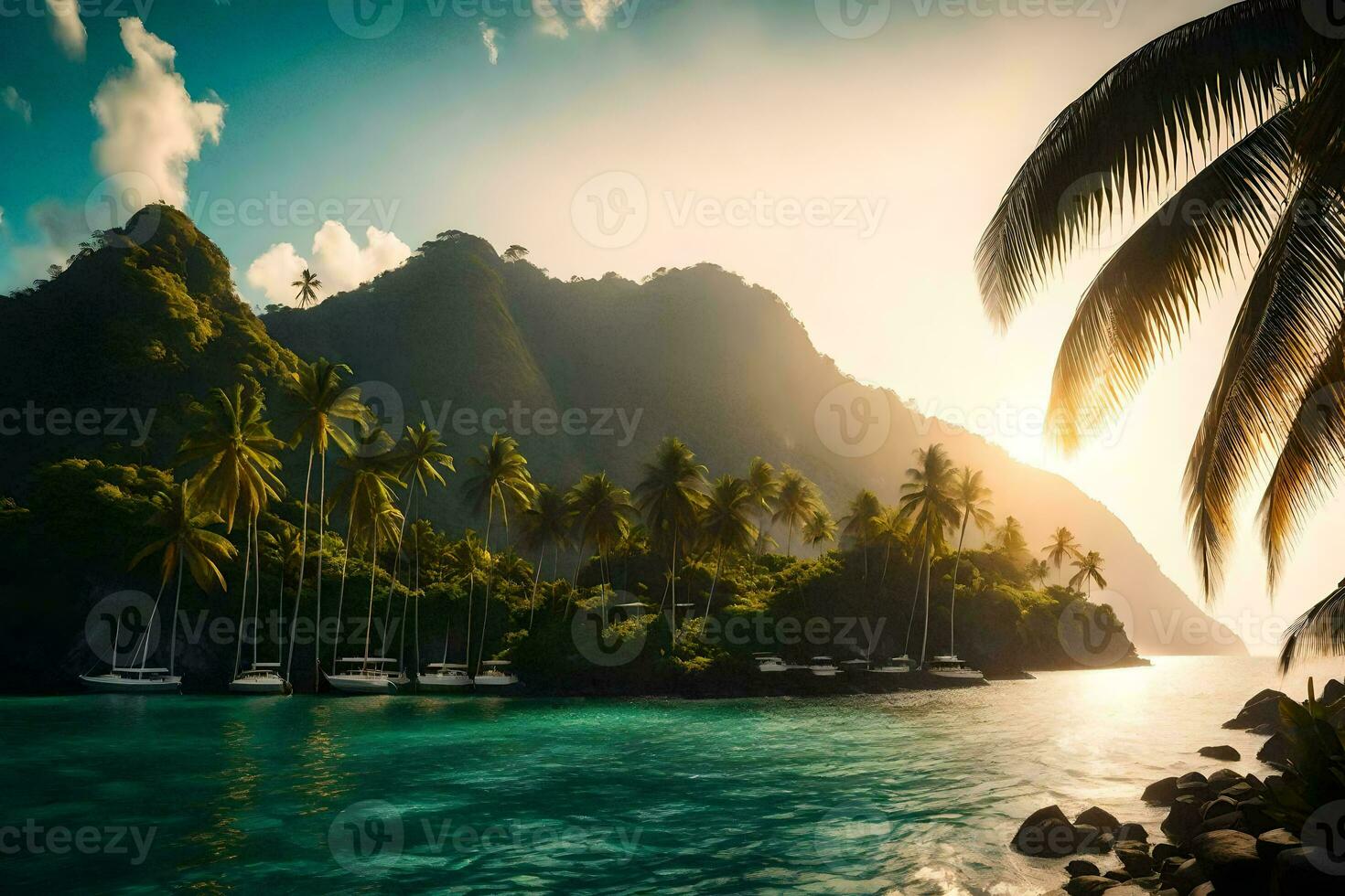 a tropical island with palm trees and rocks. AI-Generated photo