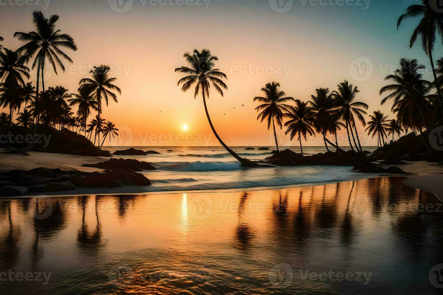 the sun sets on the beach in the caribbean. AI-Generated photo