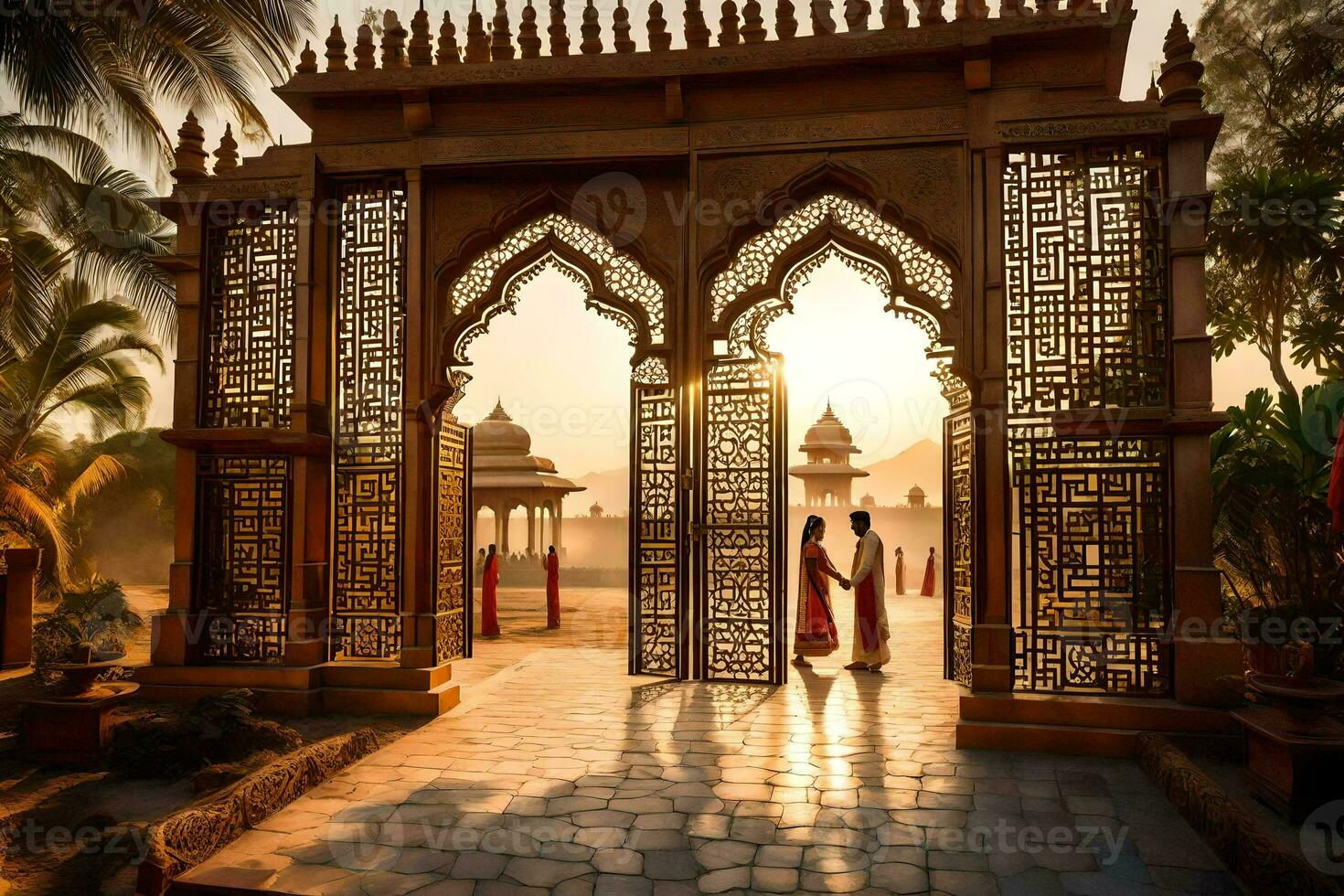 a couple is walking through an archway at sunset. AI-Generated photo