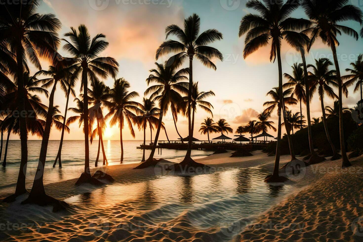 un playa con palma arboles a puesta de sol. generado por ai foto