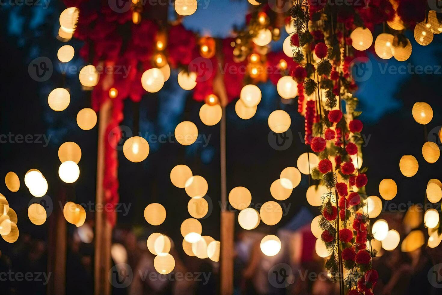 a wedding ceremony with lights and flowers. AI-Generated photo