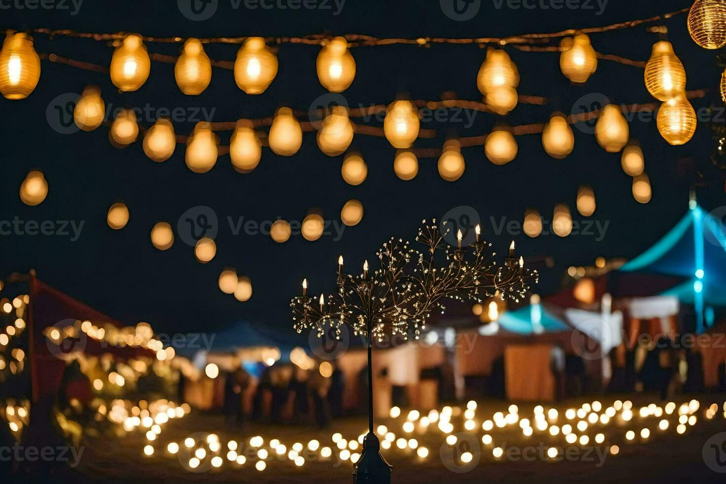 a wedding reception with string lights and candles. AI-Generated photo