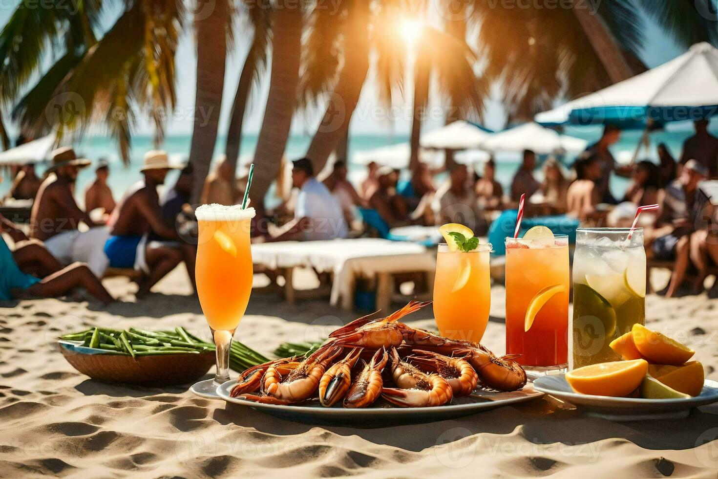 a table with shrimp, drinks and food on the beach. AI-Generated photo