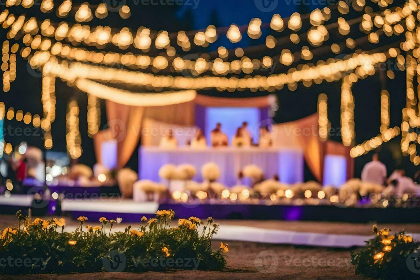 a wedding reception with lights and flowers. AI-Generated photo