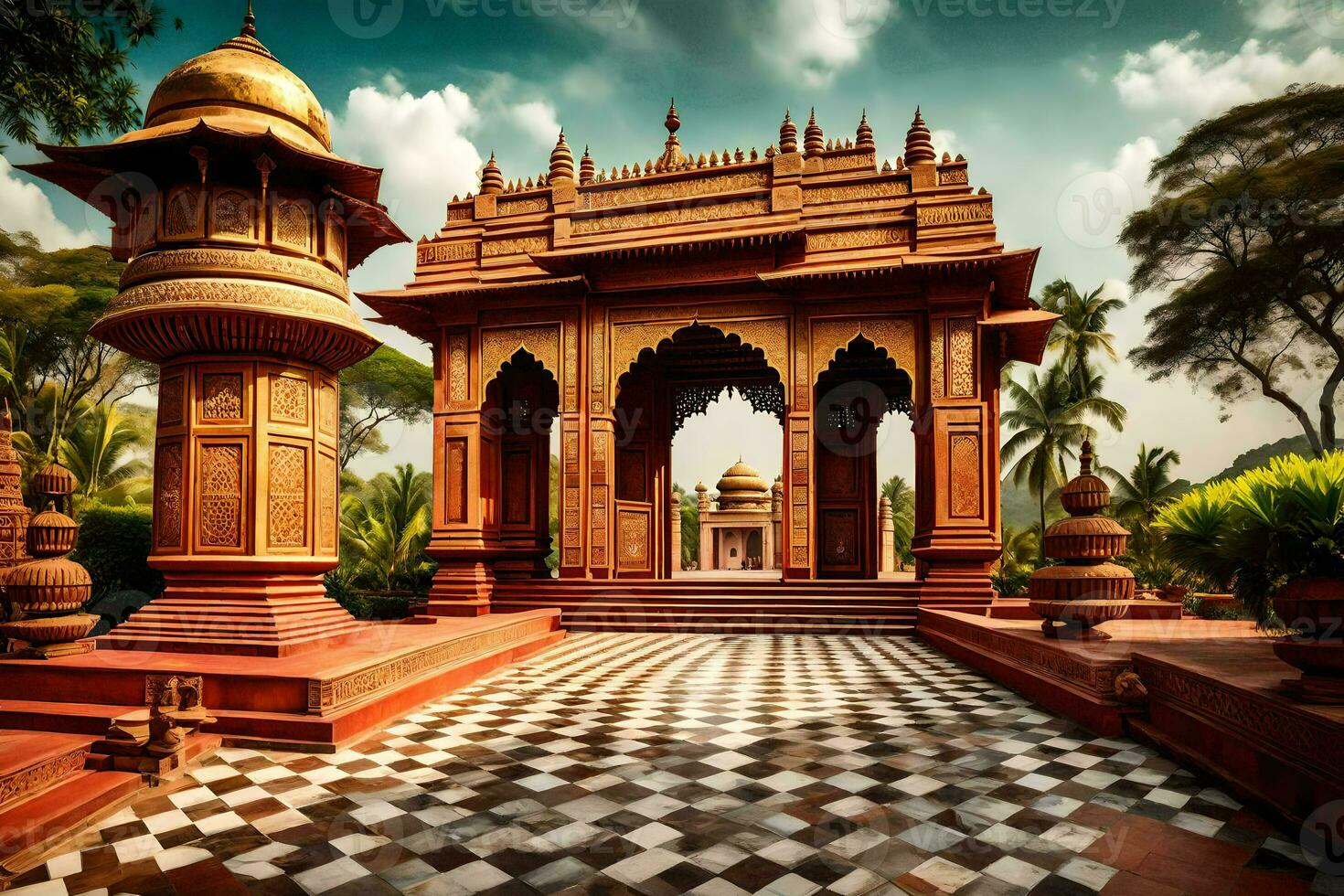 a beautiful indian temple with a checkered floor. AI-Generated photo