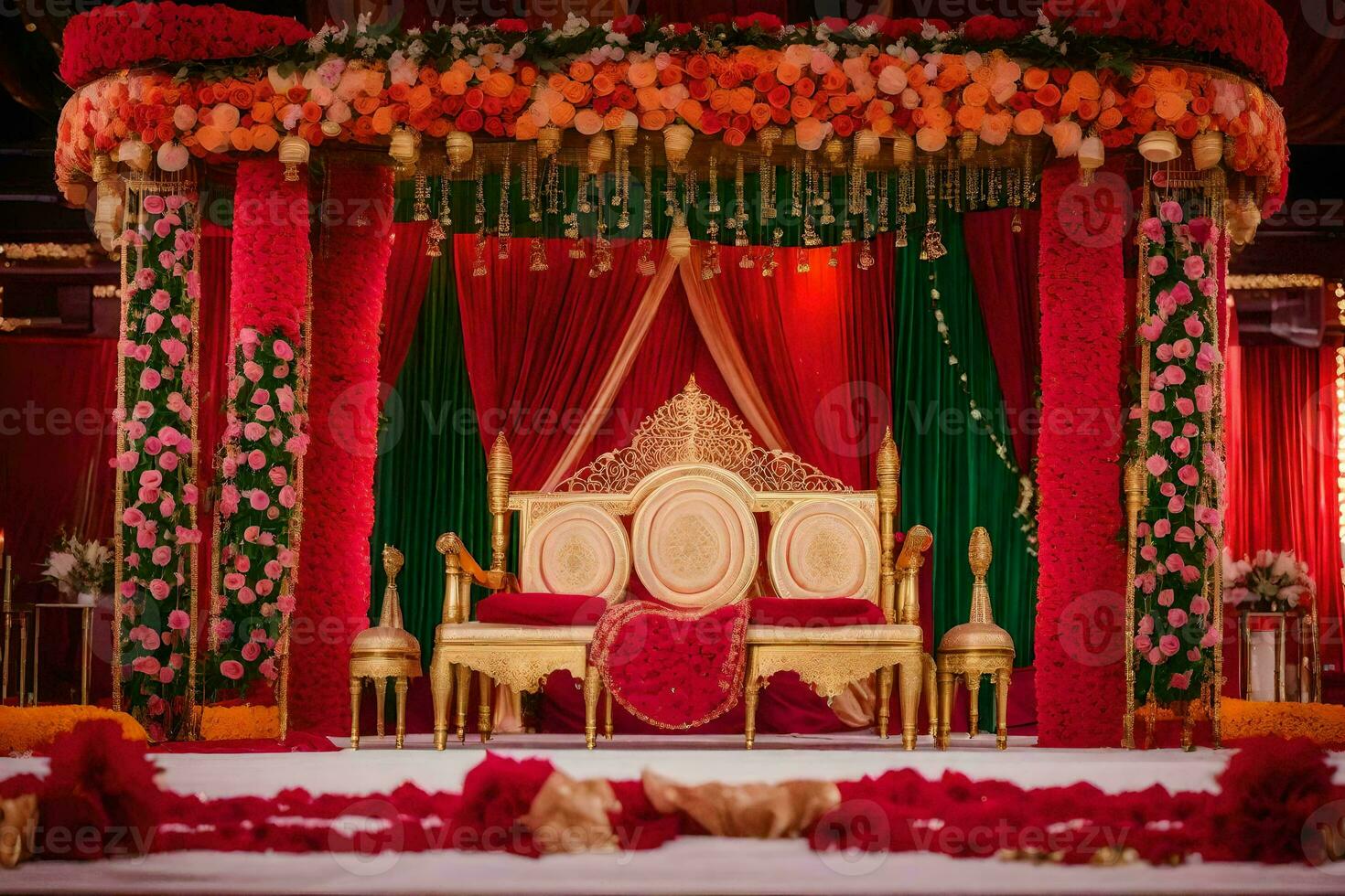 an indian wedding ceremony with a red and gold theme. AI-Generated photo