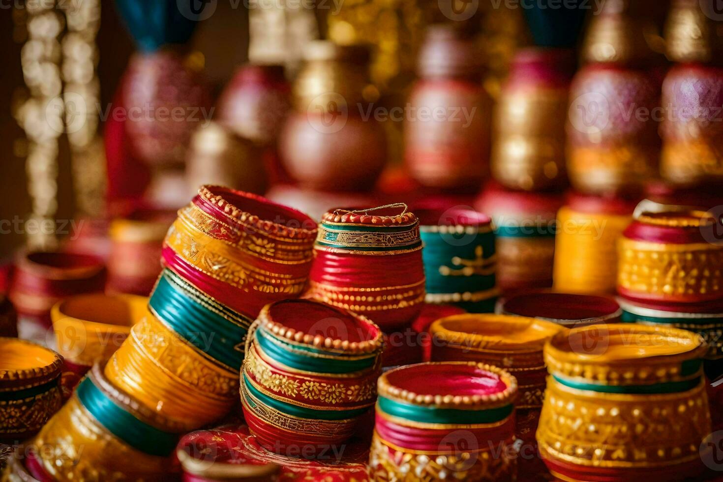 indian wedding decor with colorful pots. AI-Generated photo