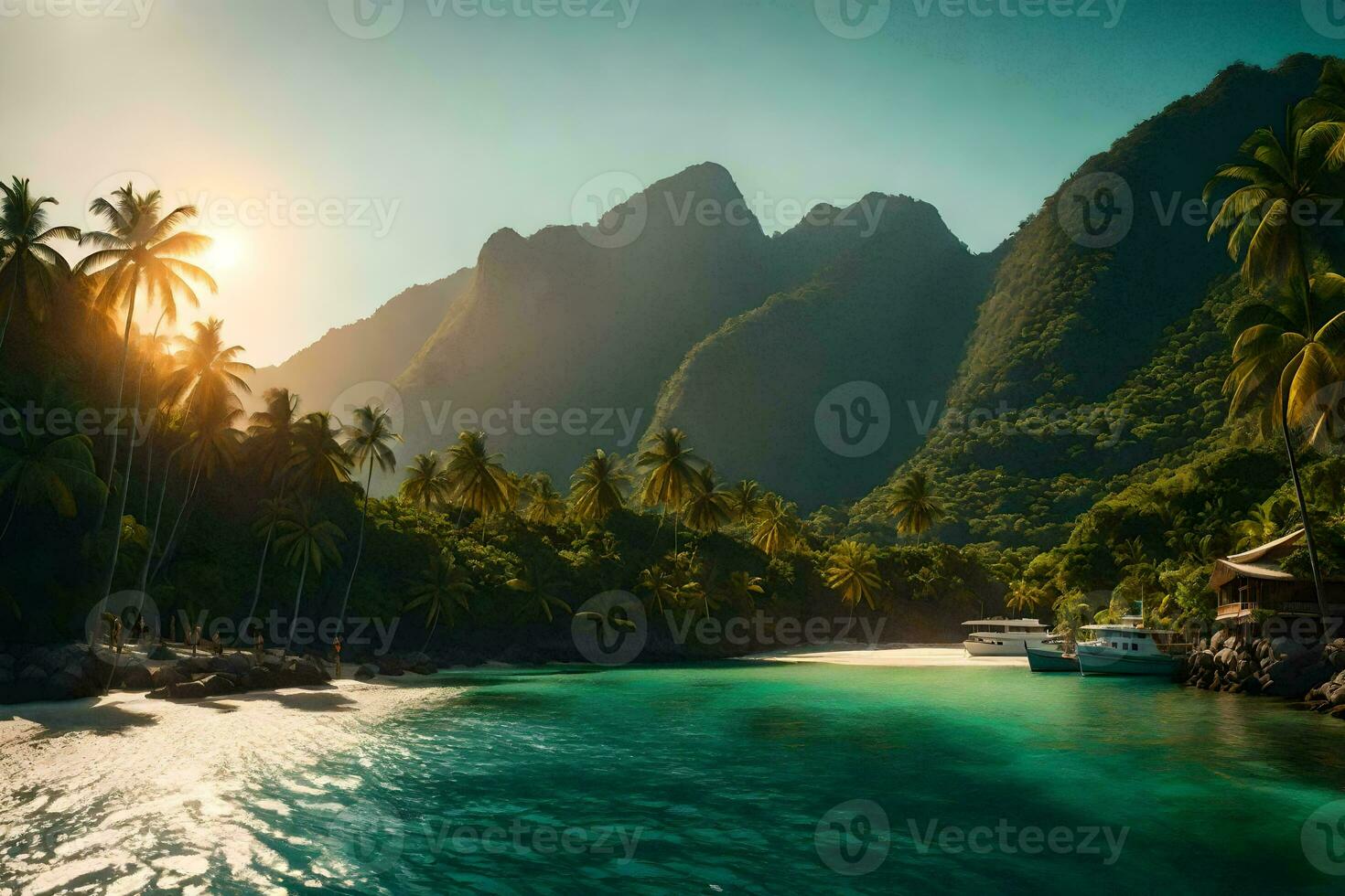 a tropical island with palm trees and mountains. AI-Generated photo