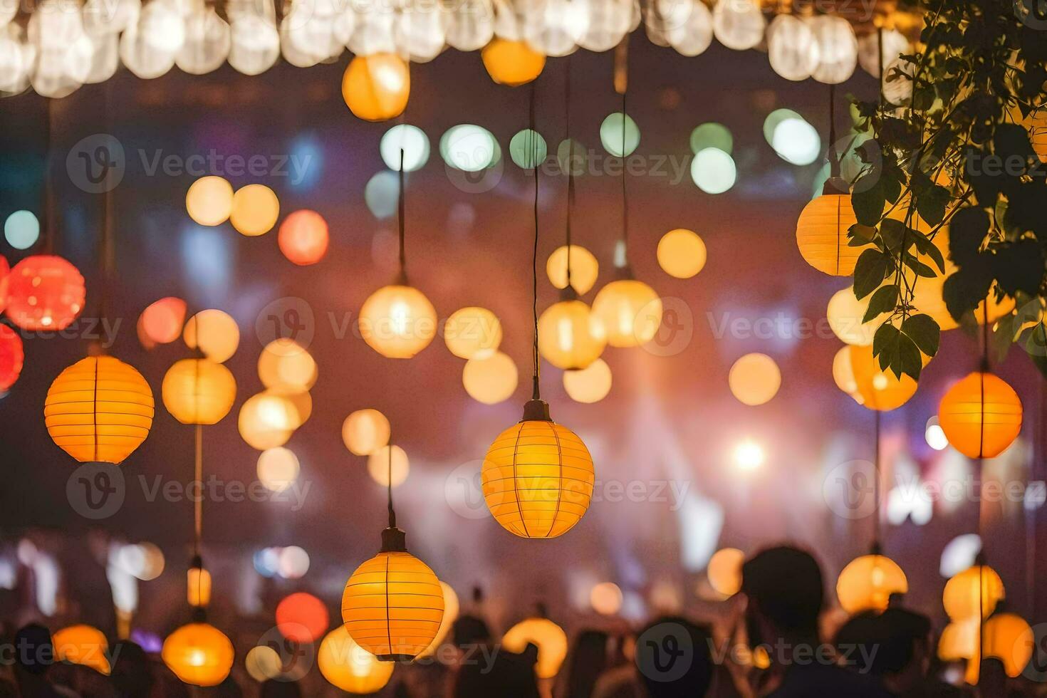many paper lanterns hanging from the ceiling at night. AI-Generated