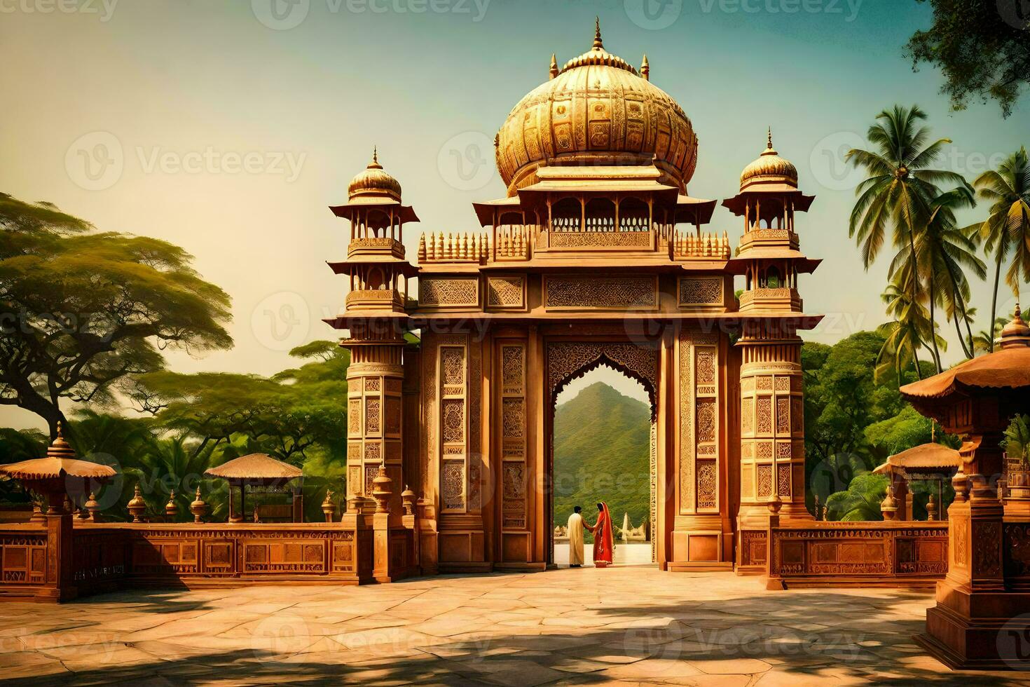 a large wooden gate with a gold dome on top. AI-Generated photo