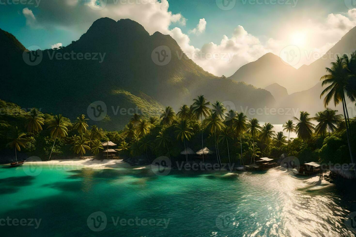 the sun shines over a tropical island with palm trees. AI-Generated photo