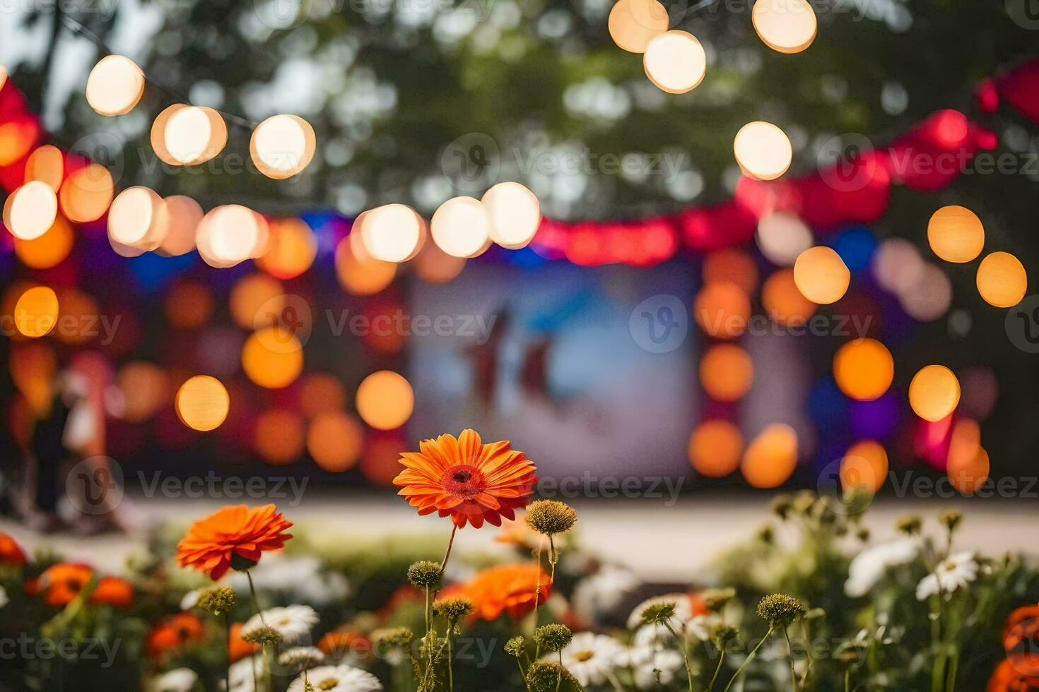 un flor jardín con luces en el antecedentes. generado por ai foto