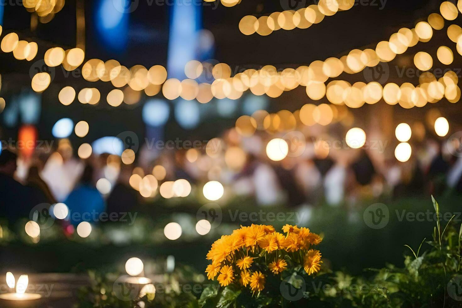 candles and flowers are lit up in the night. AI-Generated photo