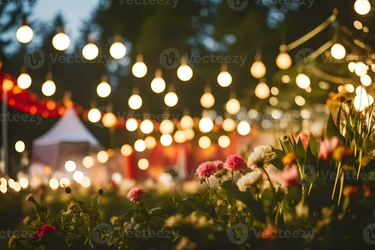 a garden with lights and flowers. AI-Generated photo