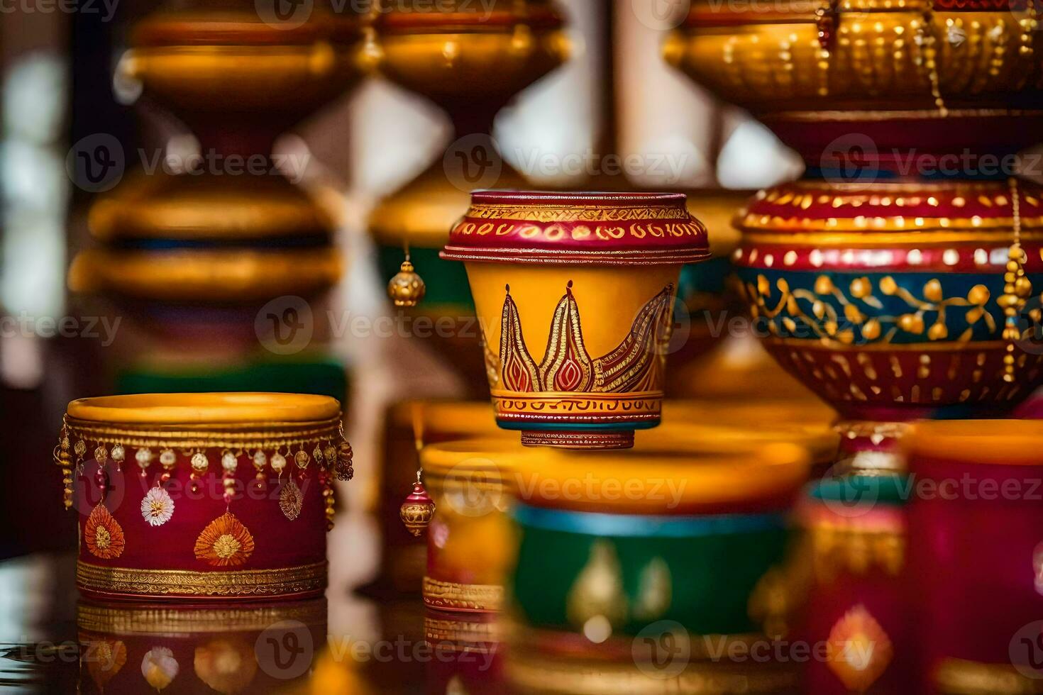 colorful pots and vases are arranged on a table. AI-Generated photo