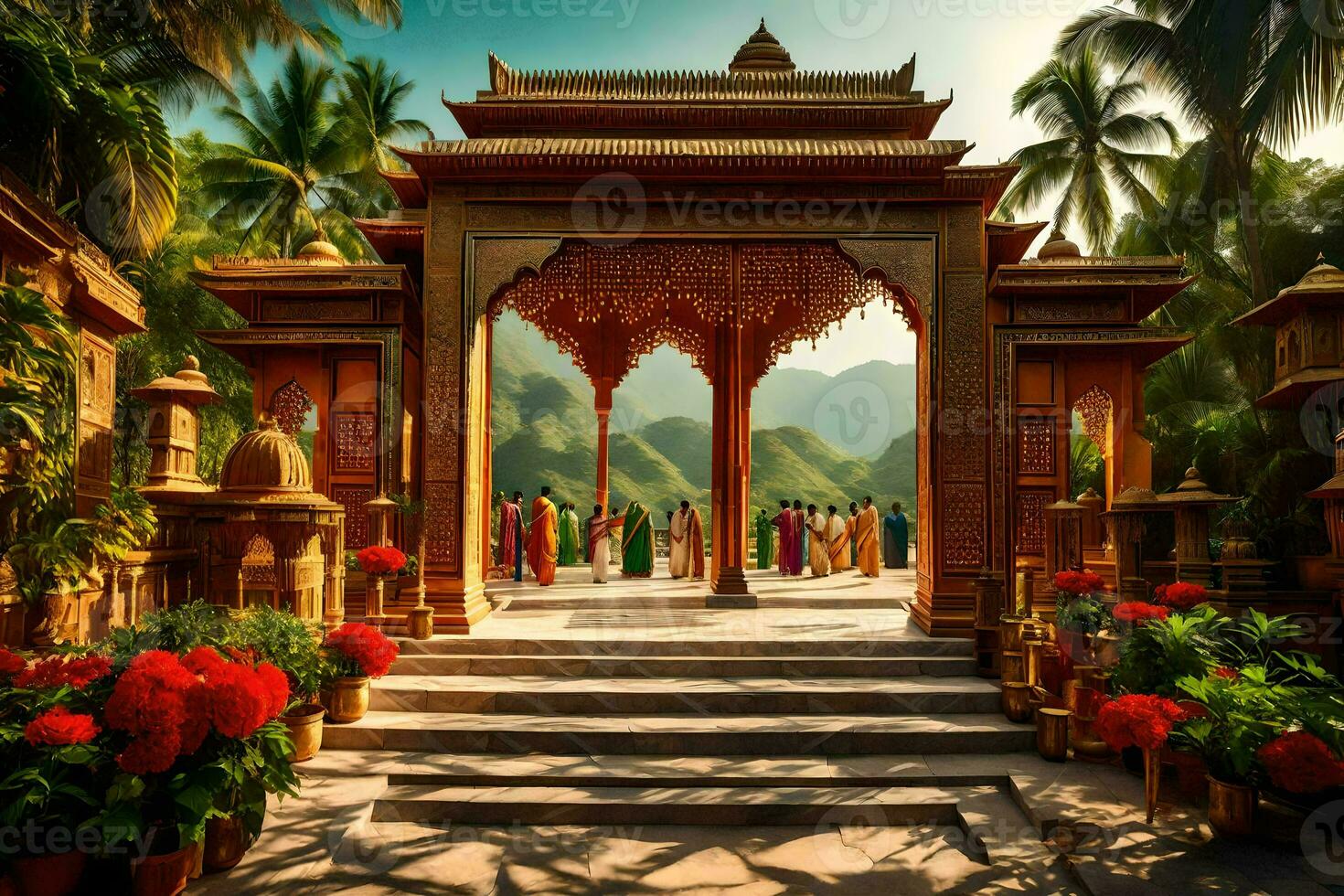 a beautiful temple in the middle of a tropical area. AI-Generated photo