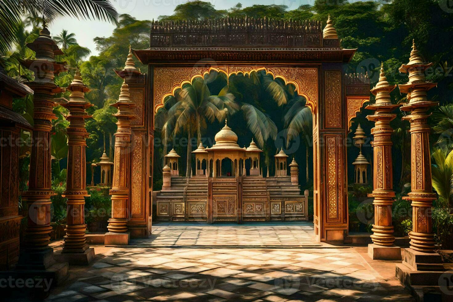 an ornate entrance to a temple in the jungle. AI-Generated photo