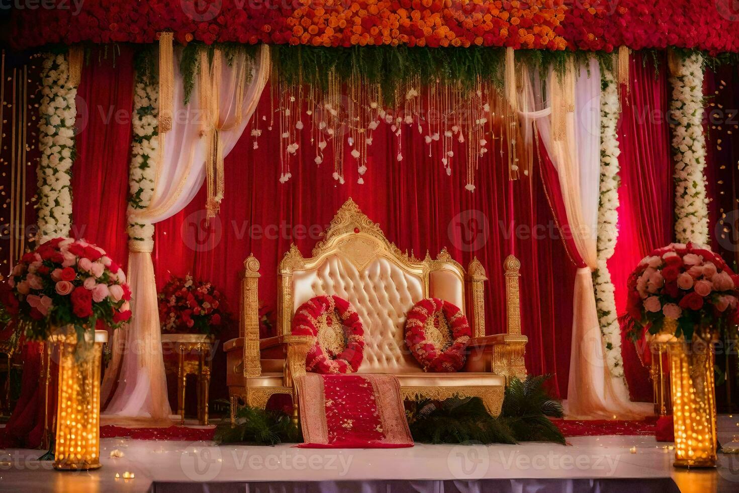 an indian wedding ceremony with red and gold decorations. AI-Generated photo