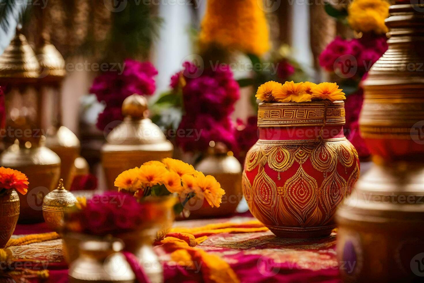 indian wedding decor with gold and red flowers. AI-Generated photo