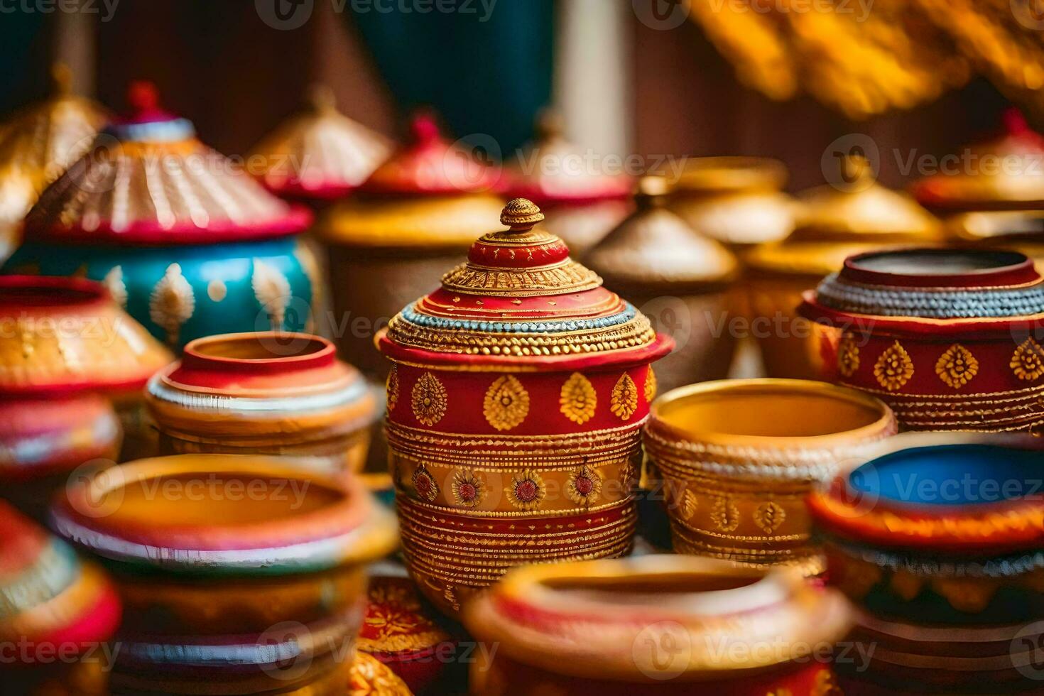many colorful pots are on display in a shop. AI-Generated photo