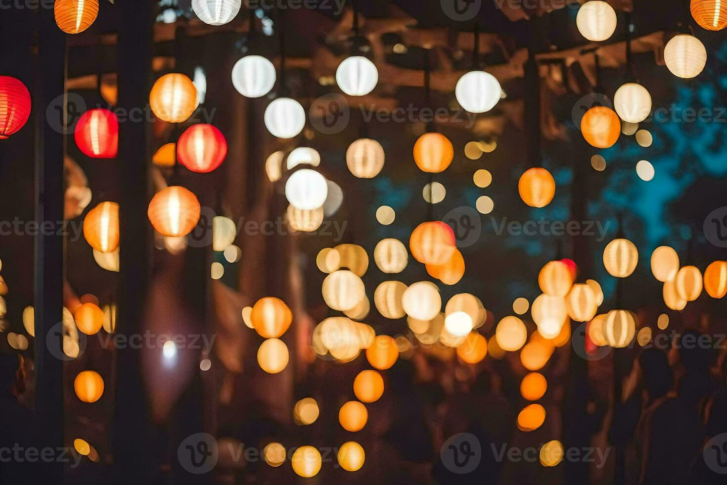 many people are standing under a string of lights. AI-Generated photo